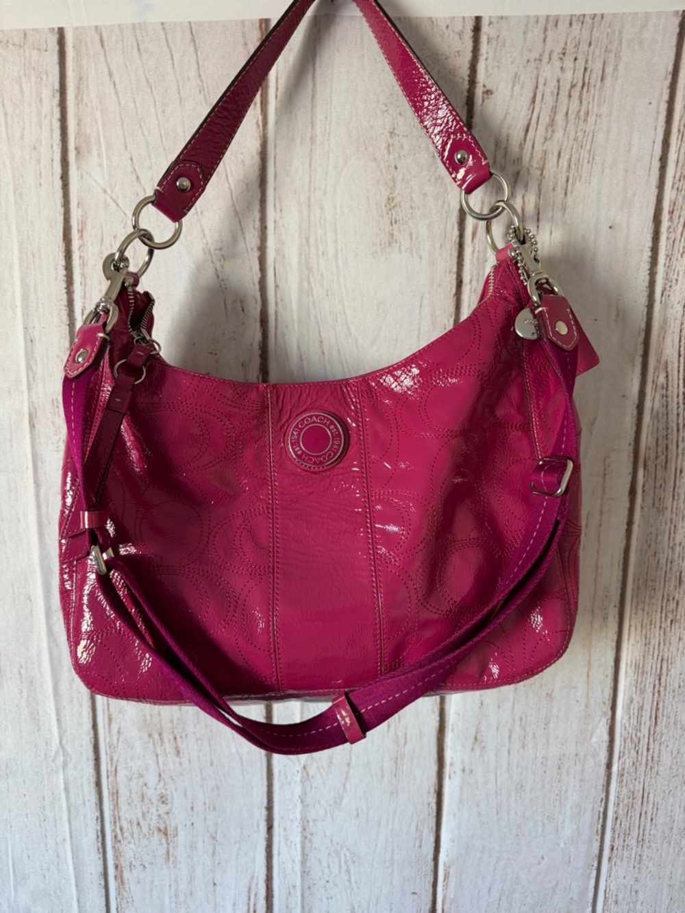 Coach 1941 F19282 Magenta Pink Leather C-stitch Top Zip Shoulder Hobo Bag